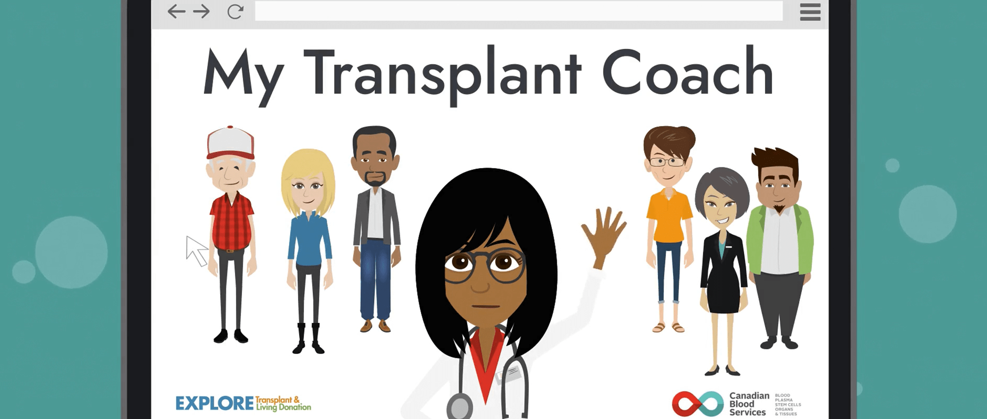 My Transplant Coach screen the images of a doctor and potential organ donors and recipients. 