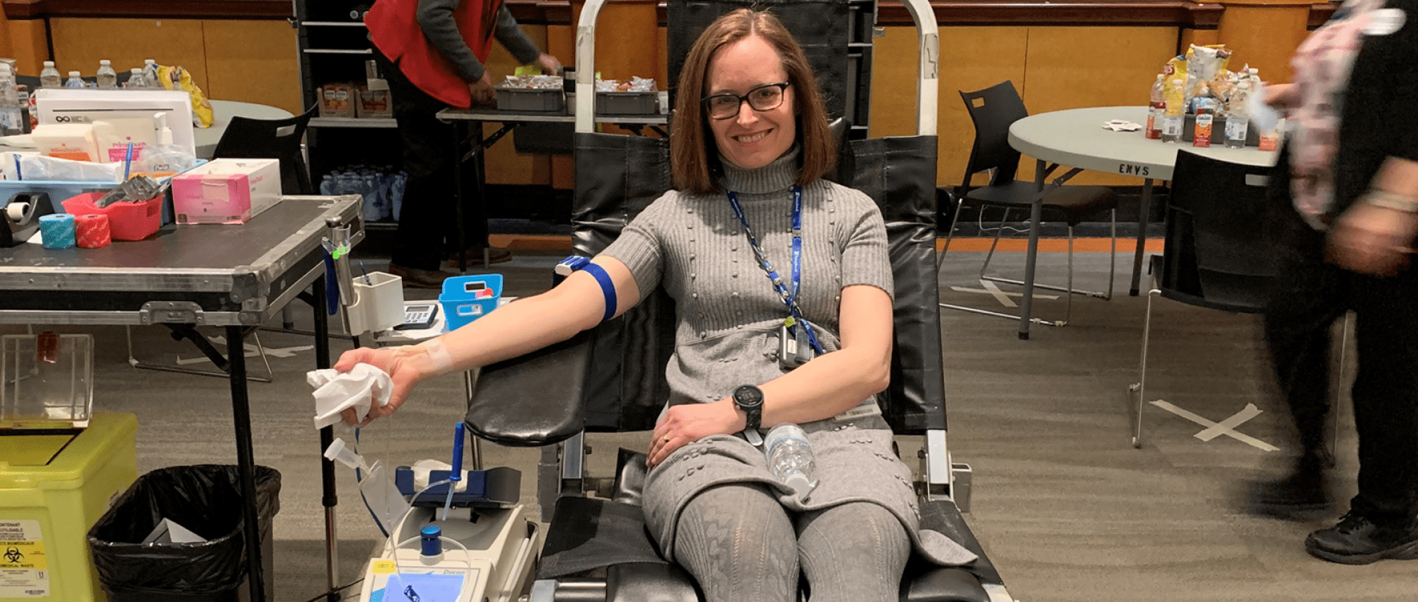 Transfusion medicine specialist Dr. Jeannie Callum donating blood in March 