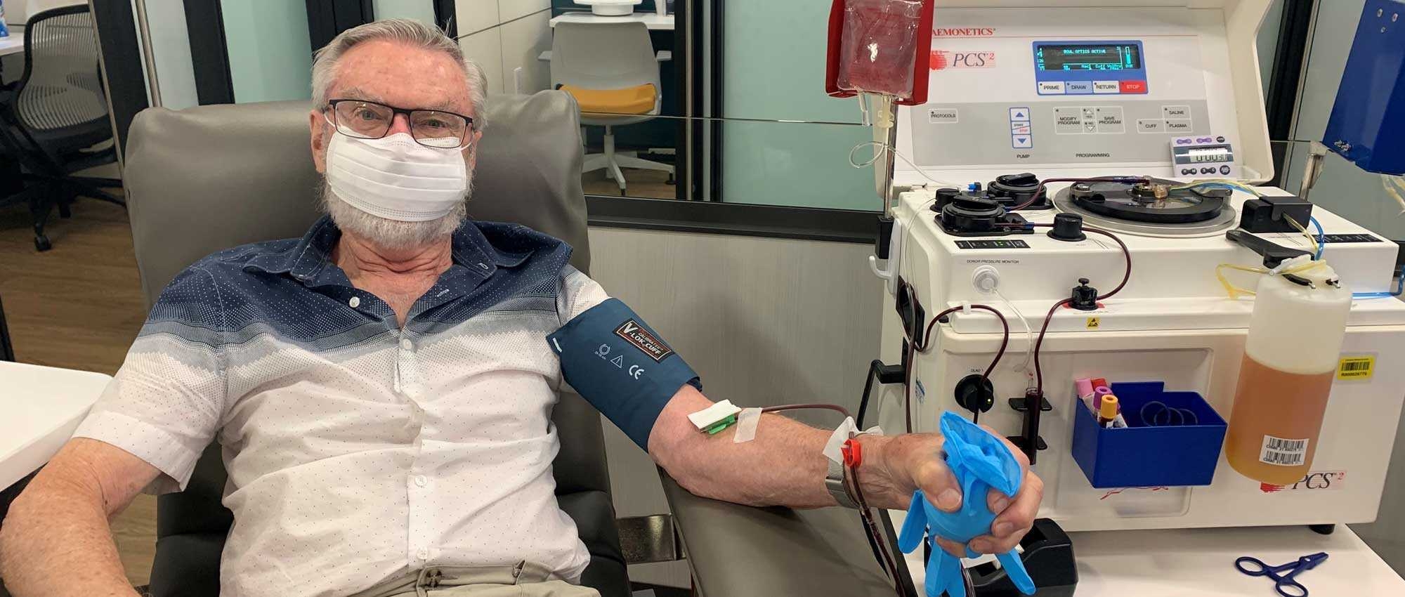 Jim Taylor donates plasma at the plasma donor centre in Kelowna.