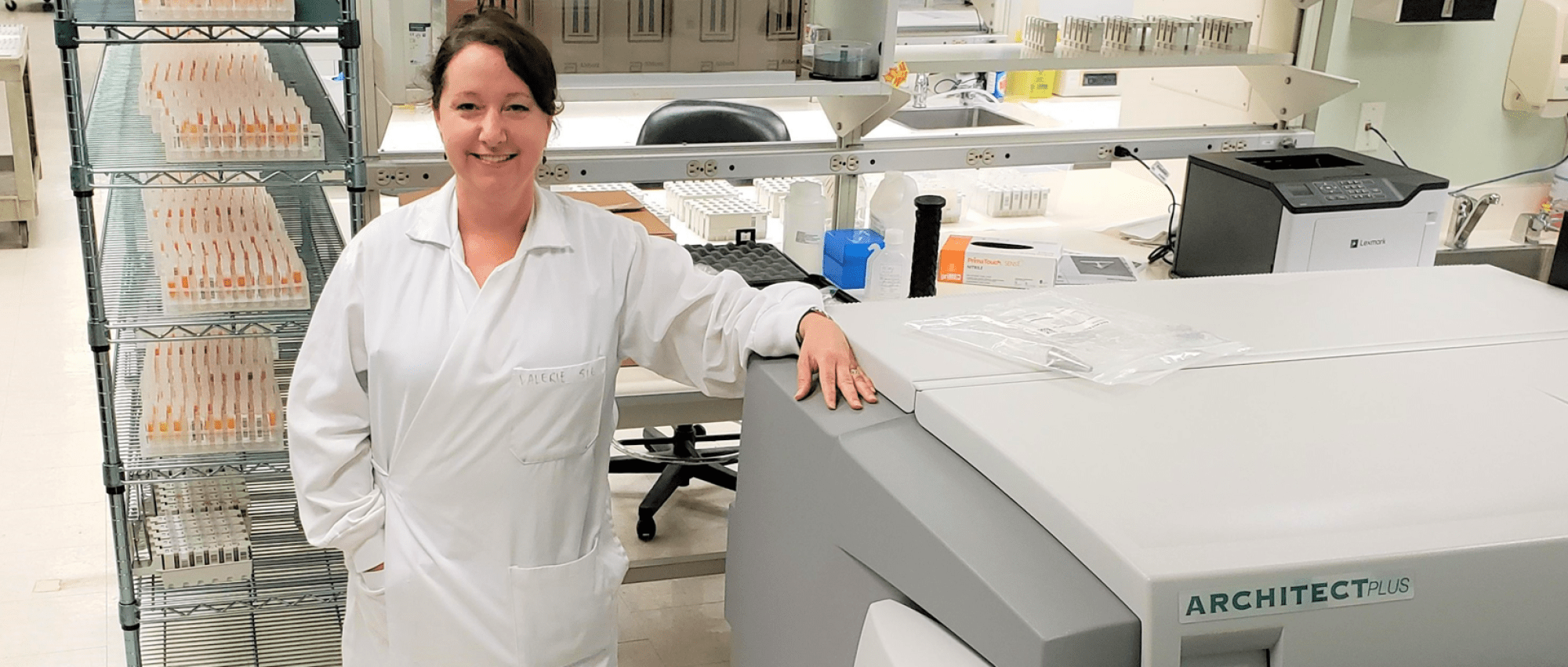 Valerie Conrod, a senior medical laboratory technologist, is in charge of operating the high-throughput analyzers for COVID-19 antibody assessment in blood donors as part of our collaboration with the COVID-19 Immunity Task Force.