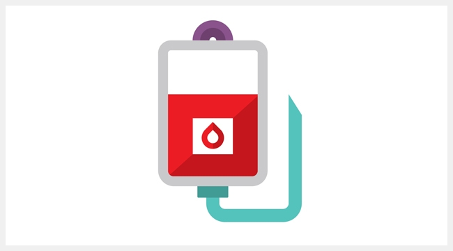 Image of blood bag icon with red fluid in the middle and outline of a blood drop in the middle.