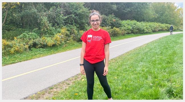 Natalie Pallisco plasma recipient and blood donor posing while out for a run 
