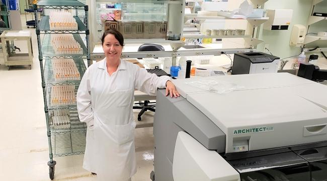Valerie Conrod, a senior medical laboratory technologist is in charge of operating the high-throughput analyzers for COVID-19 antibody assessment in blood donors as part of our collaboration with the COVID-19 Immunity Task Force.