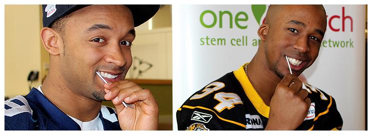 In 2013, Hamilton Tiger-Cats’ Ryan Hinds (left) and Toronto Argonauts’ Matt Black (right) teamed up in support of stem cell donor registration