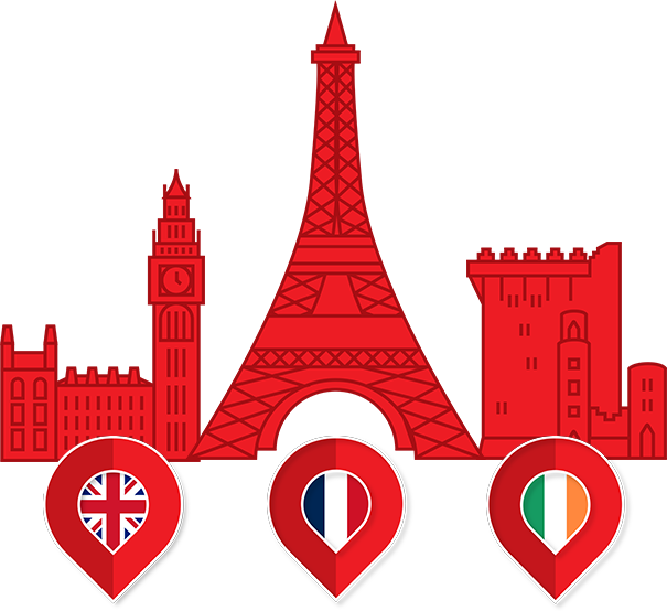 Graphic drawings of the Eiffel Tower and big ben along with the UK, France and Ireland flags.
