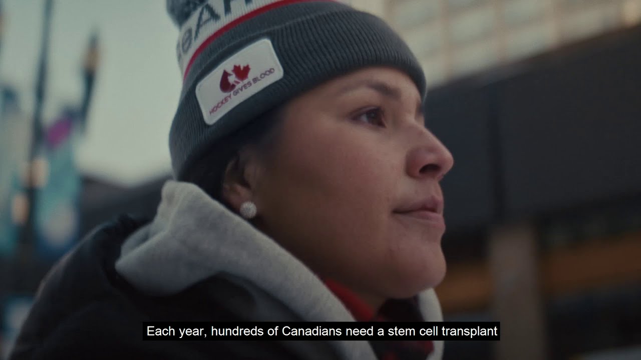 YouTube video thumbnail of Brigette Lacquette with caption &quot;Each year, hundreds of Canadians need a stem cell transplant.&quot;